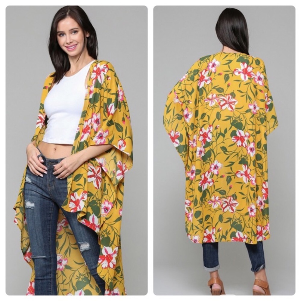 New! Floral Mustard Kimono Accent Top